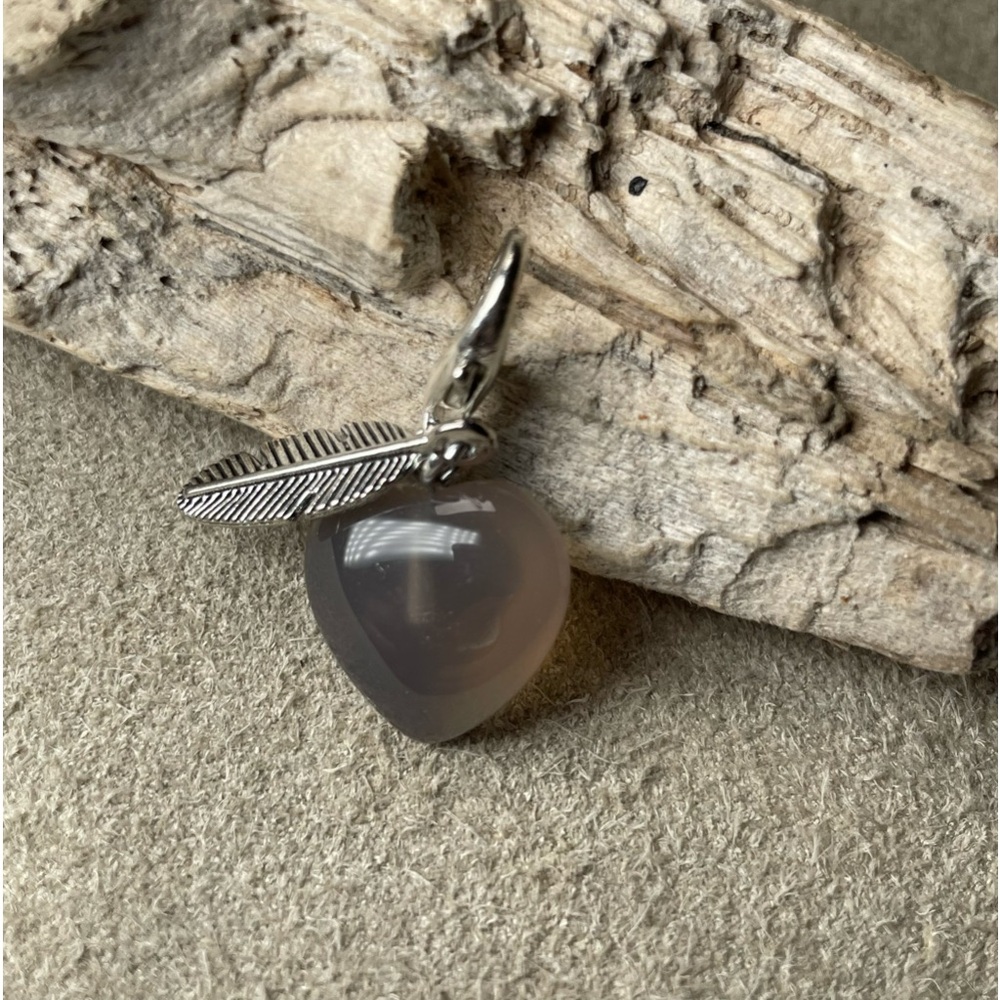 Smokey Quartz Heart Pet Collar Charm With Small Antique Silver Feather Charm - Picture 5 of 12